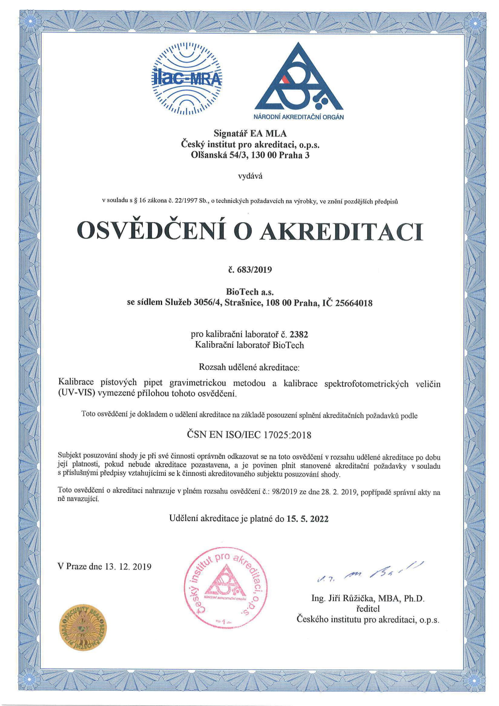 Osvědčení o akreditaci – Kalibrační laboratoř BioTech